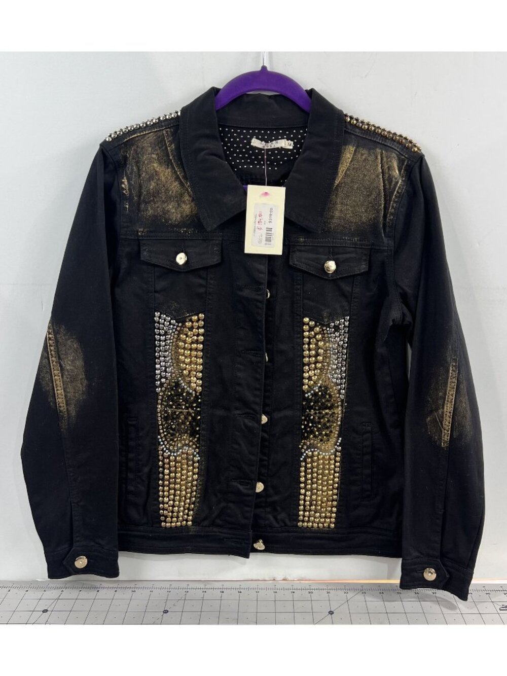 Luxe Moda Denim Jacket Gold & Silver Studded Women’s Sz. M New Distressed Look